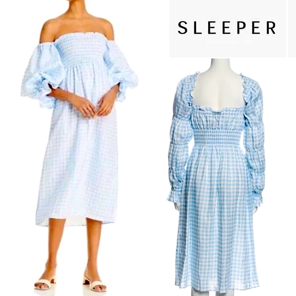SLEEPER Plaid Print Midi Length Dress In Light Blue Size M